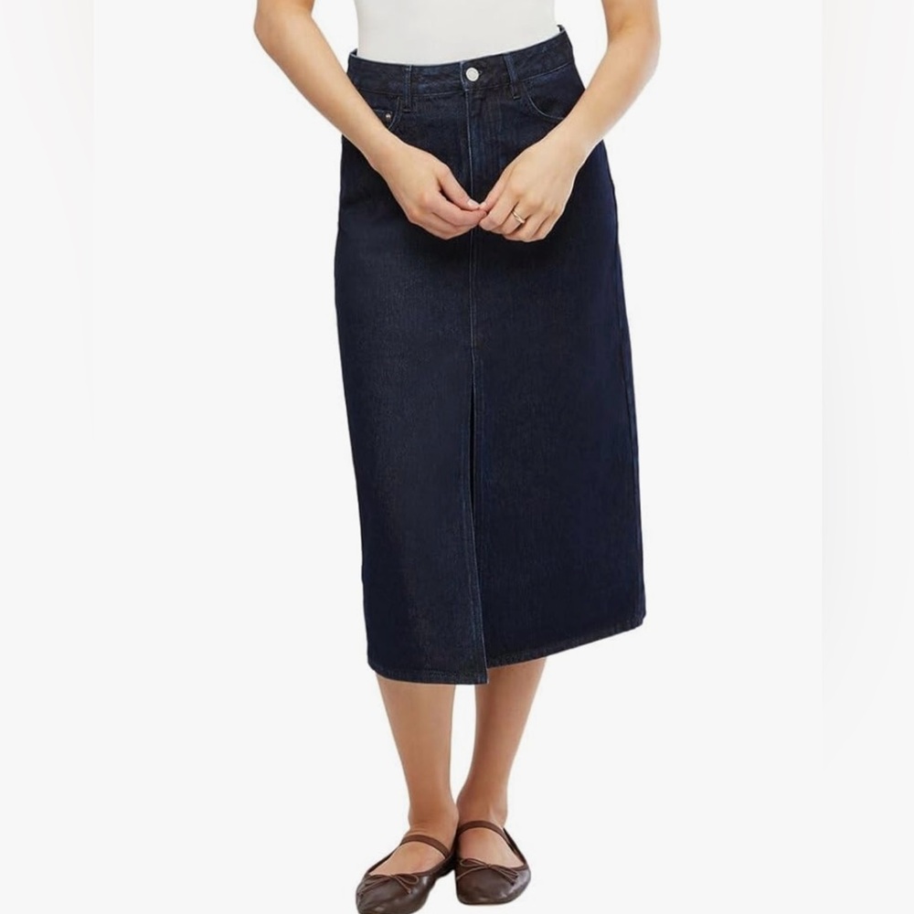 HOT DEAL NWT Denim Midi Pencil Skirt with Front Slit Sz L very slim fit - Picture 3 of 8